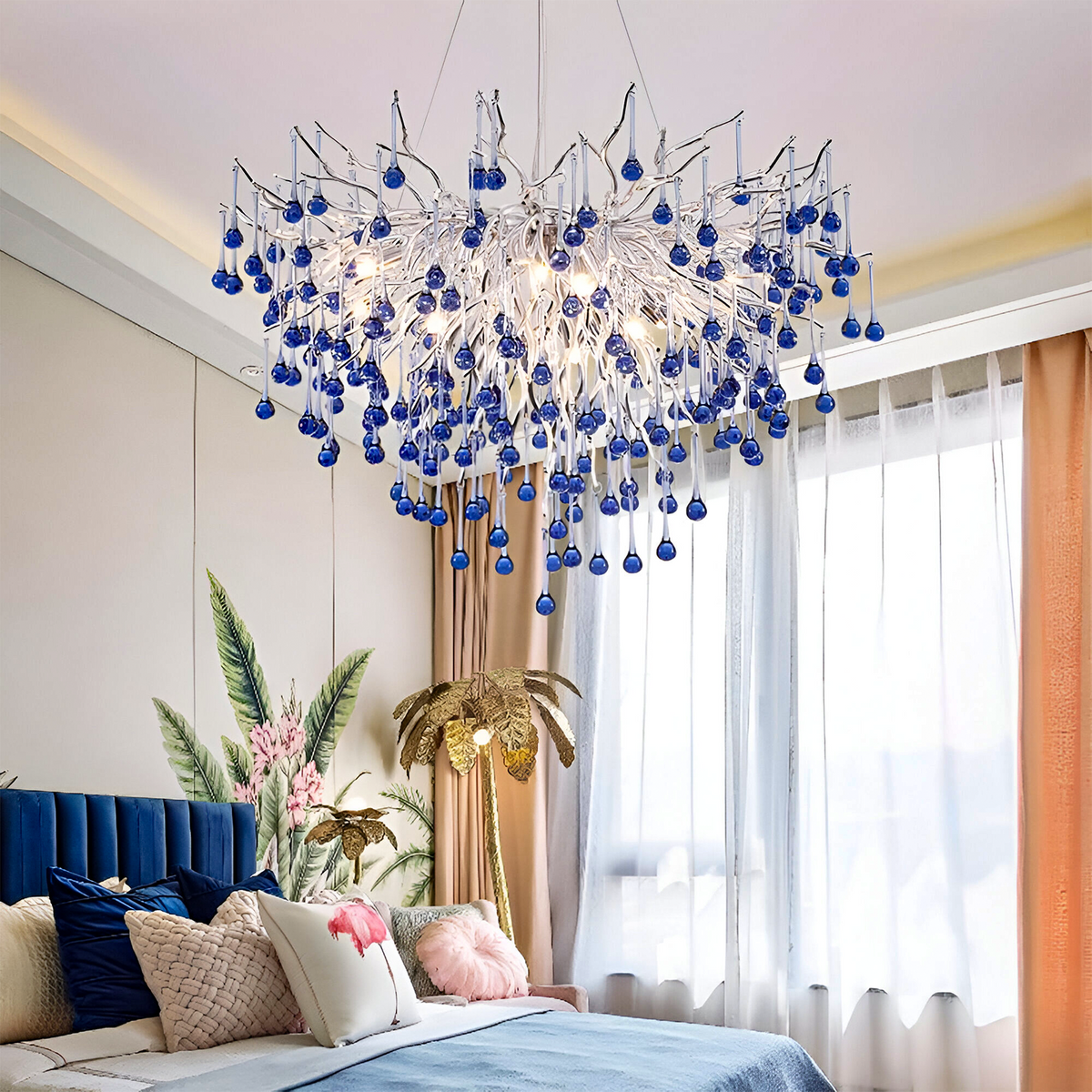 Candelabru Cristal CC335/400CH, 4x G9, Crom si Cristale Albastre, 40cm, Inaltime Reglabila