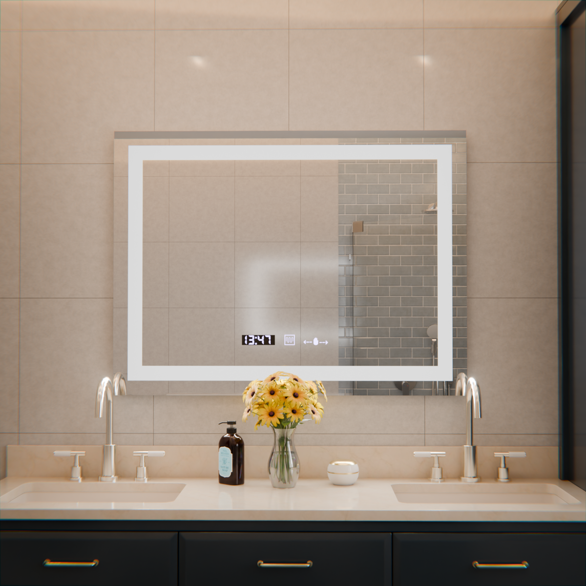 Oglinda LED Rectangulara, 80x60cm, Verite MotionGlow Marcello, Sistem Dezaburire, Ceas & Termometru, Dimabila