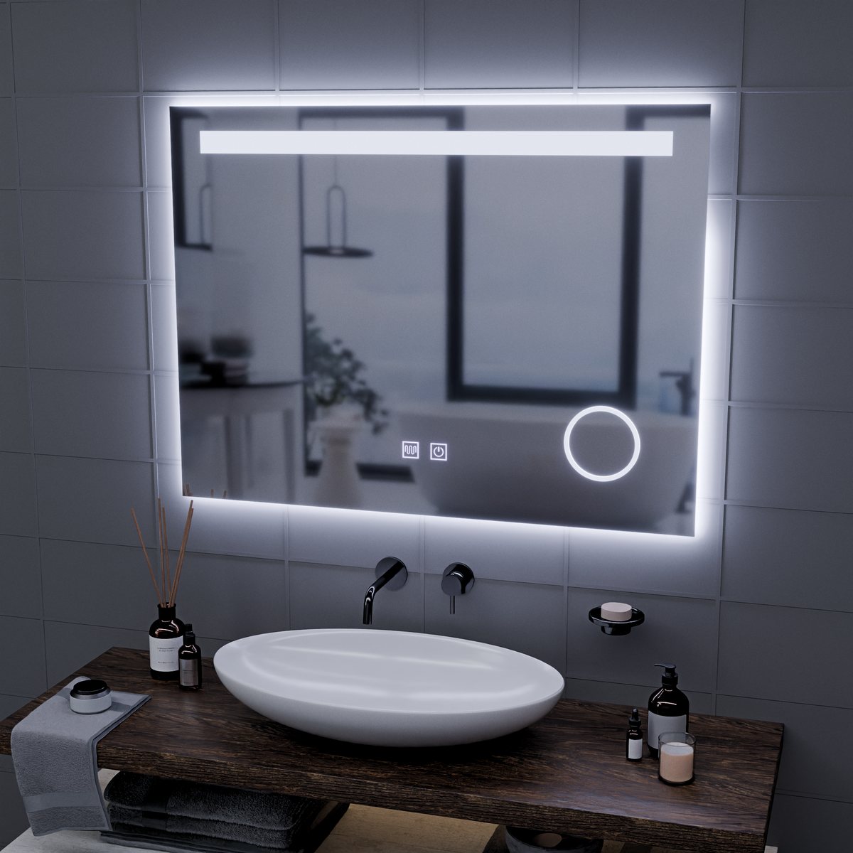 Oglinda LED Rectangulara, 80x60cm, Piano Touch, Sistem Dezaburire, Dimabila, Lumina Rece 6000K