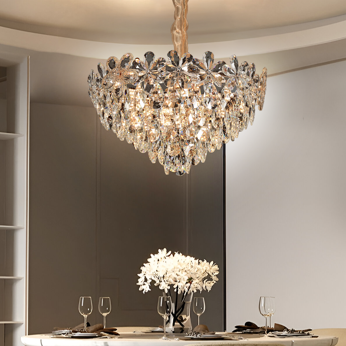 Candelabru Cristal Magno 11xE14, Diametru 60cm, Auriu Lucios, Inaltime Reglabila, Metal si Cristal