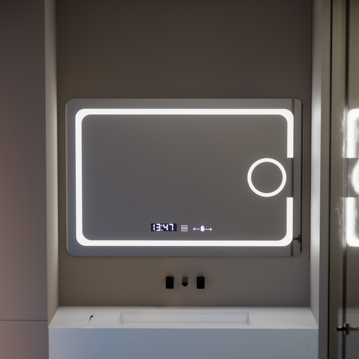 Oglinda LED Rectangulara, 120x80cm, Eclat MotionGlow Marcello, Sistem Dezaburire, Ceas & Termometru, Lupa Cosmetica, Dimabila