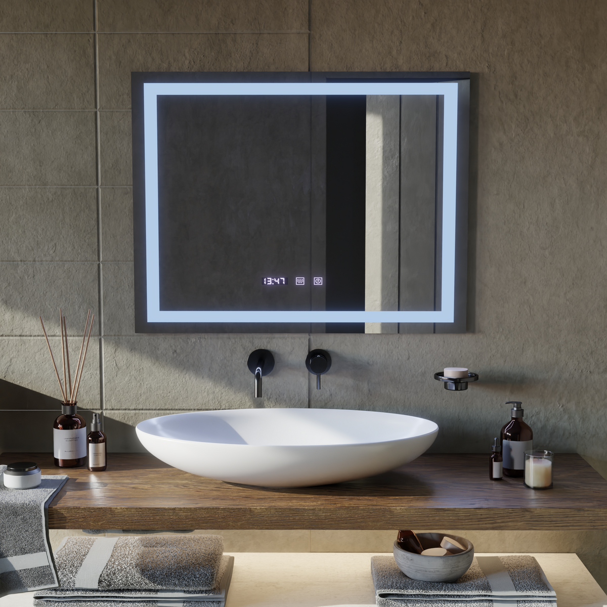 Oglinda LED Touch MODENA Sistem Dezaburire, Ceas si Temperatura 80x60 cm