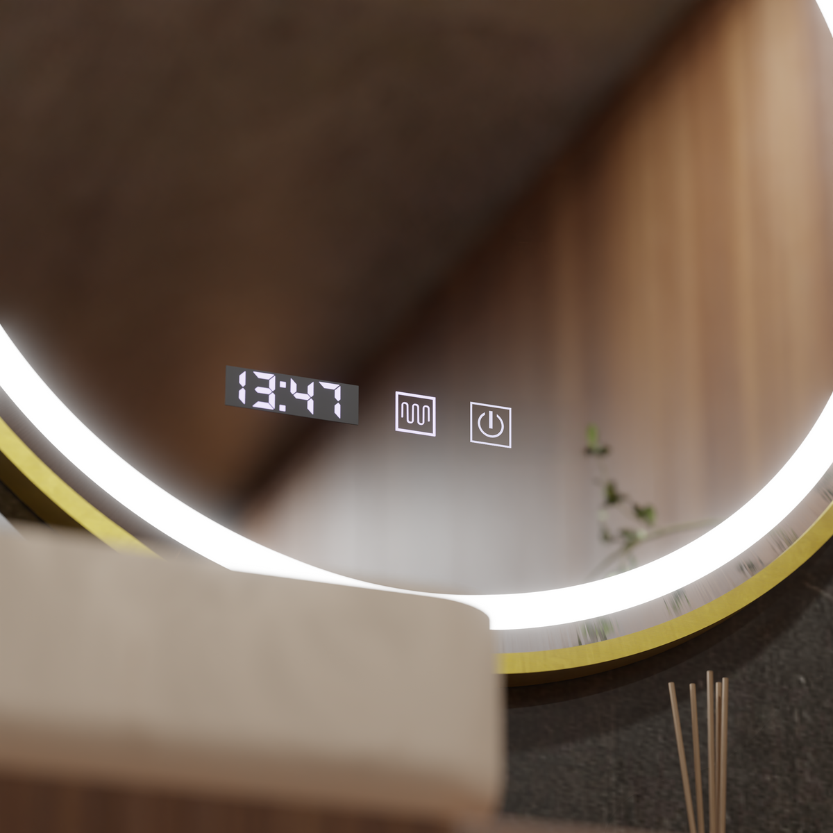 Oglinda LED Touch LUSSO Sistem Dezaburire, Ceas si Temperatura, 50 cm, rama Auriu Brushed, imaginea 2