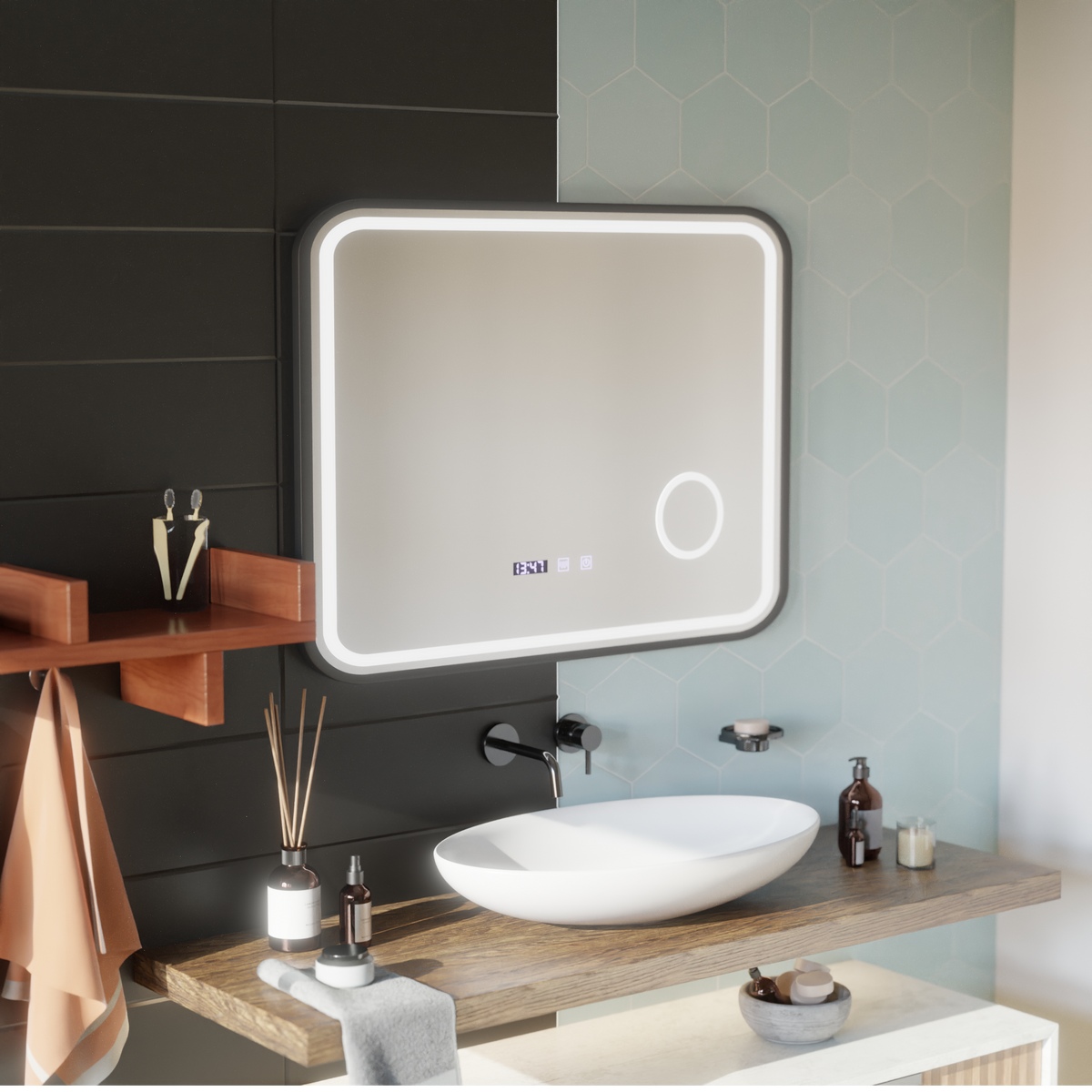 Oglinda LED Touch Bernd Sistem Dezaburire, Ceas si Temperatura 80x60 cm Rama Negru Brushed Lupa Cosmetica