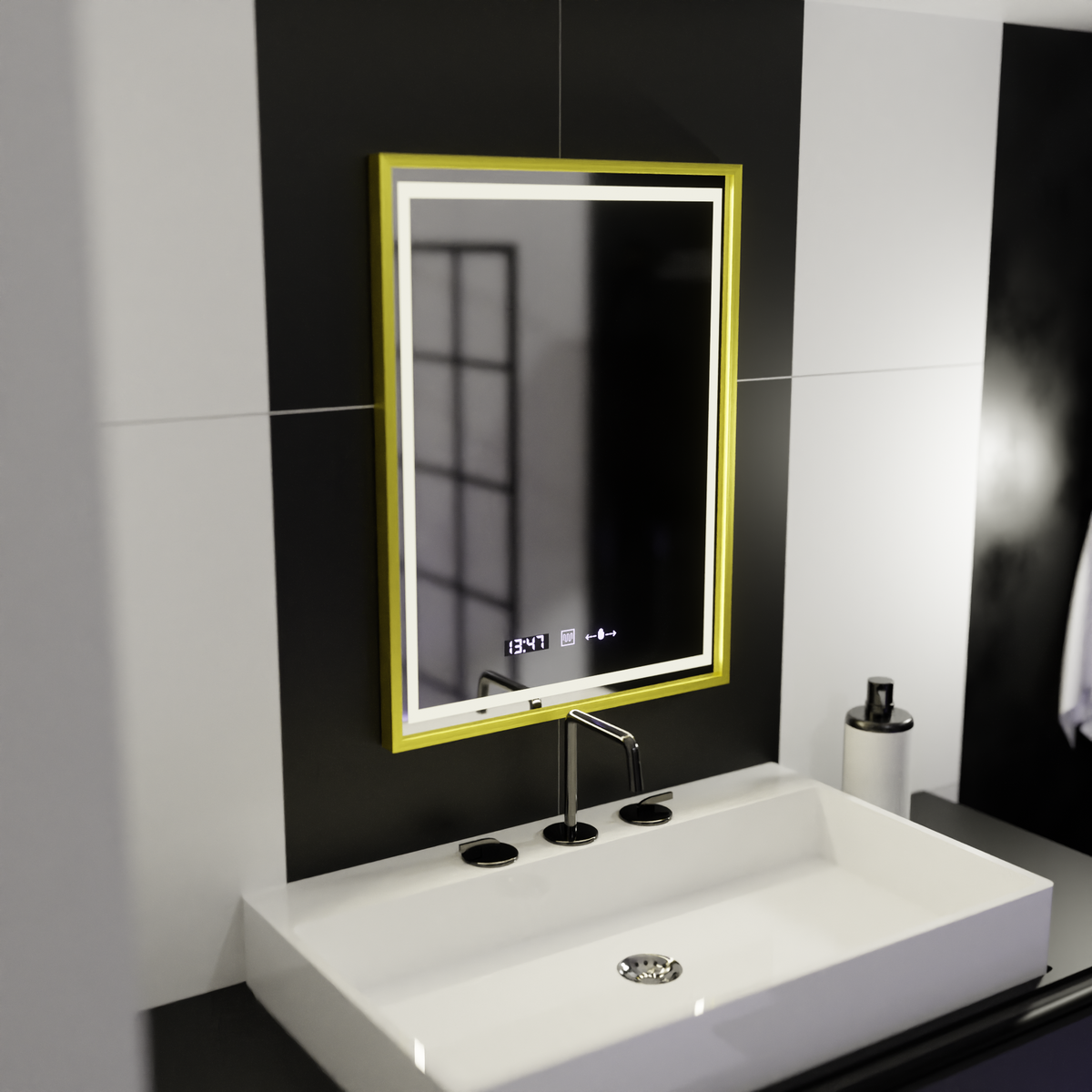 Oglinda LED Rectangulara, 50x70cm, Verite Royale Gold Motion Glow Marcello, Sistem Dezaburire, Ceas & Termometru, Dimabila