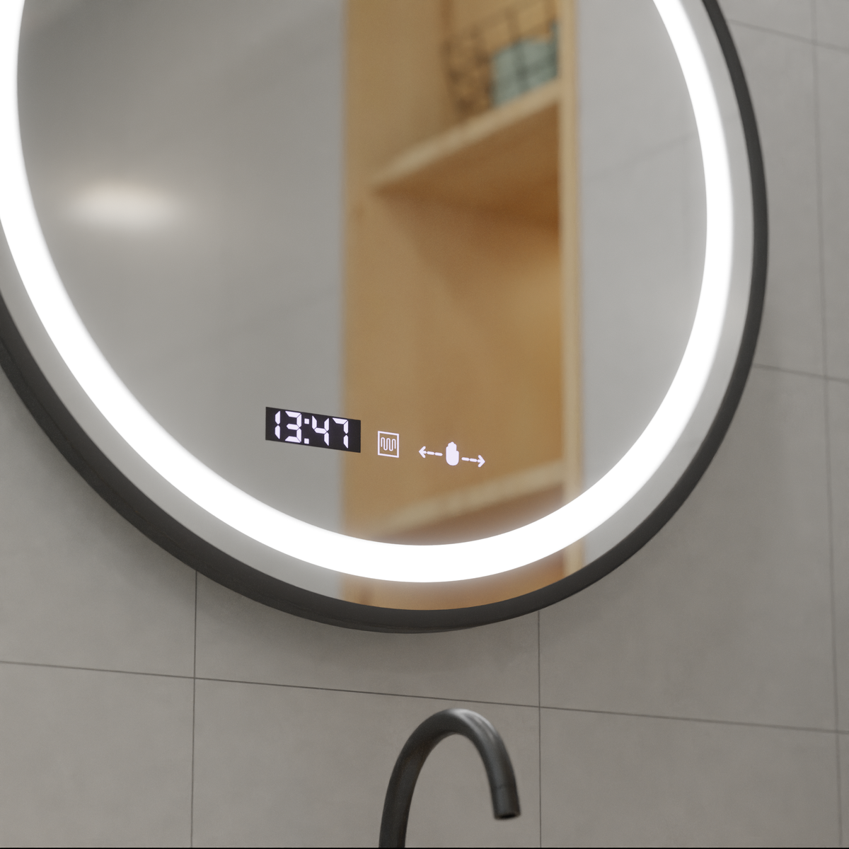 Oglinda LED Rotunda, 60cm, Celeste Majesté Noir MotionGlow Marcello, Sistem Dezaburire, Ceas & Termometru, Dimabila
