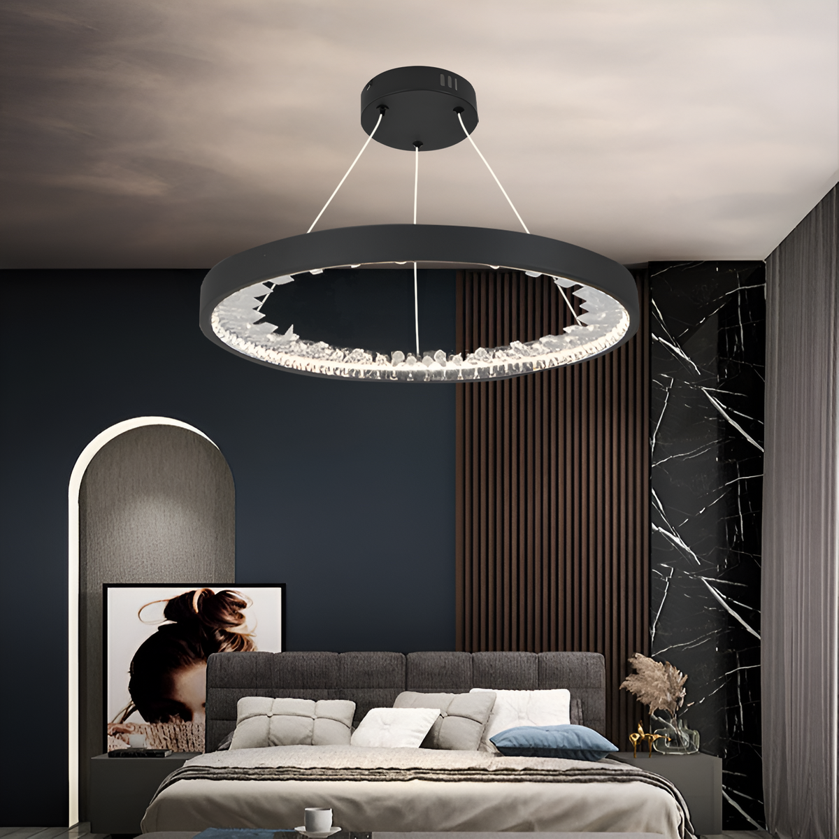 Lustra LED suspendata cu telecomanda, 28W, 1 Cerc, lumina Rece/Calda/Neutra, Dimabila, Negru, Inaltime Reglabila