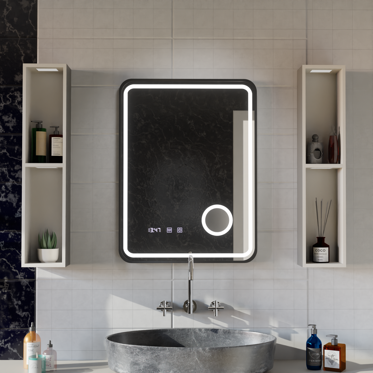 Oglinda LED Touch Ulrich Sistem Dezaburire, Ceas si Temperatura 60x80 cm Rama Negru Brushed Lupa Cosmetica