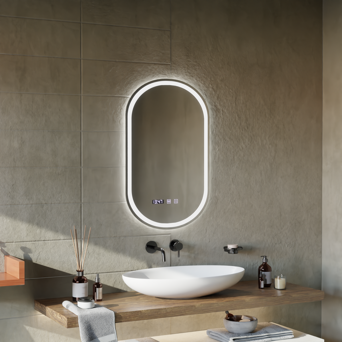 Oglinda LED Touch ONIRA Sistem Dezaburire, Ceas si Temperatura 50x80 cm, imaginea 5
