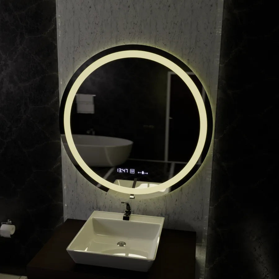 Oglinda LED Rotunda, 100cm, Celeste MotionGlow Marcello, Sistem Dezaburire, Ceas & Termometru, Dimabila