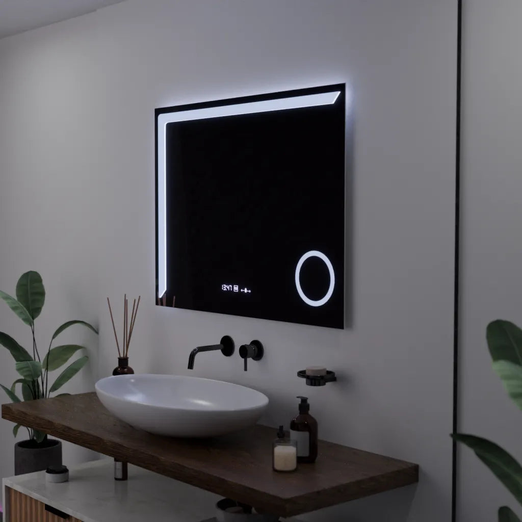 Oglinda LED Rectangulara, 80x60cm, Precision MotionGlow Marcello, Sistem Dezaburire, Ceas & Termometru, Lupa Cosmetica, Dimabila