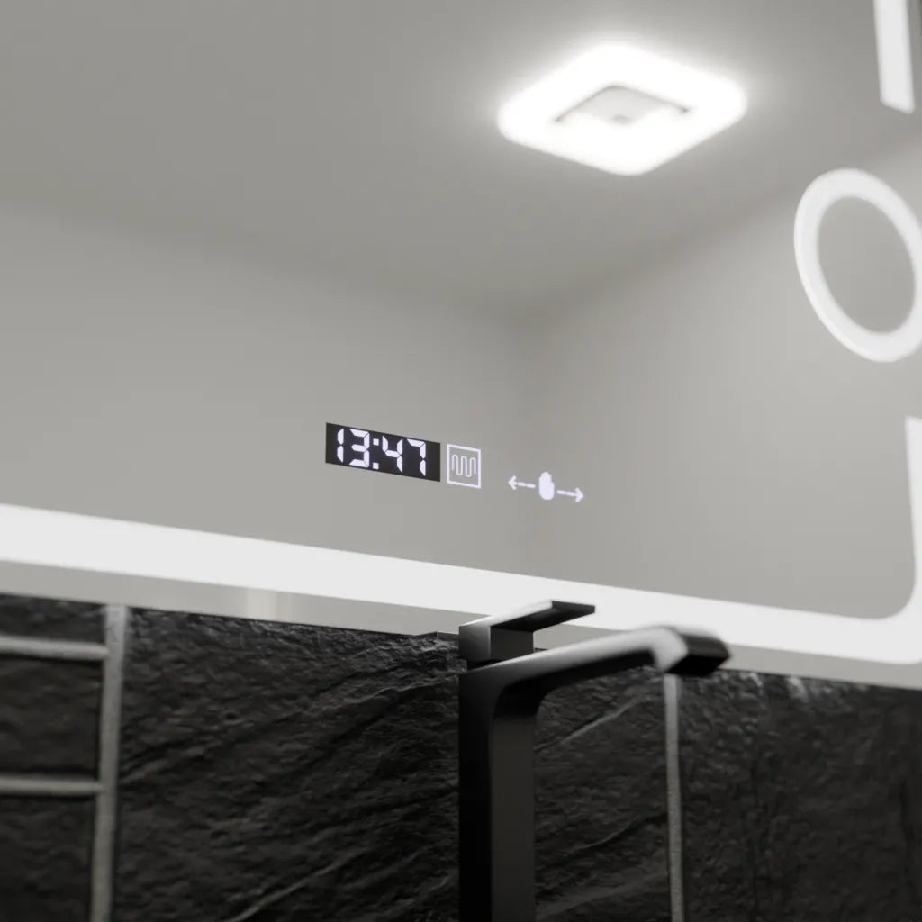 Oglinda LED Rectangulara, 80x60cm, Eclat MotionGlow Marcello, Sistem Dezaburire, Ceas & Termometru, Lupa Cosmetica, Dimabila
