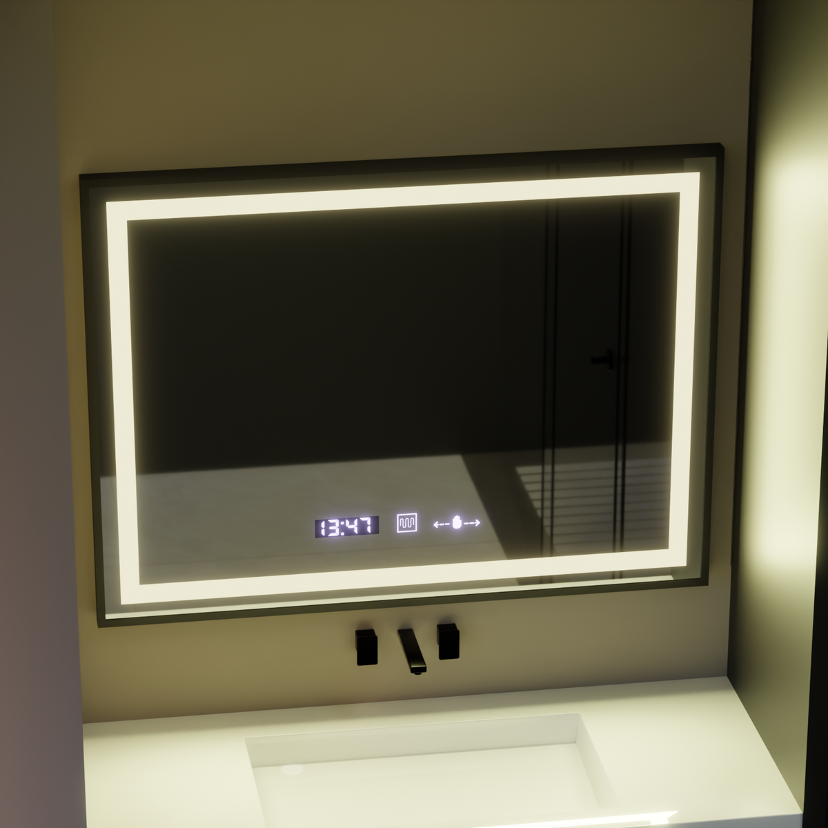 Oglinda LED Rectangulara, 80x60cm, Verite Majeste Noir Motion Glow Marcello, Sistem Dezaburire, Ceas & Termometru, Dimabila