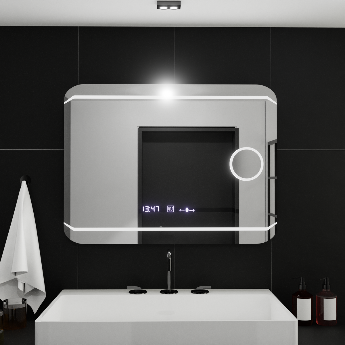 Oglinda LED Rectangulara, 80x60cm, Stile MotionGlow Marcello, Sistem Dezaburire, Ceas & Termometru, Lupa Cosmetica, Dimabila