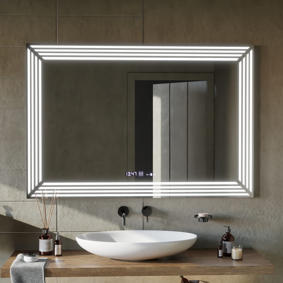 Oglinda LED Rectangulara, 80x60cm, Venezia Senzor MotionGlow Marcello, Sistem Dezaburire, Ceas & Termometru, Dimabila, imaginea 3
