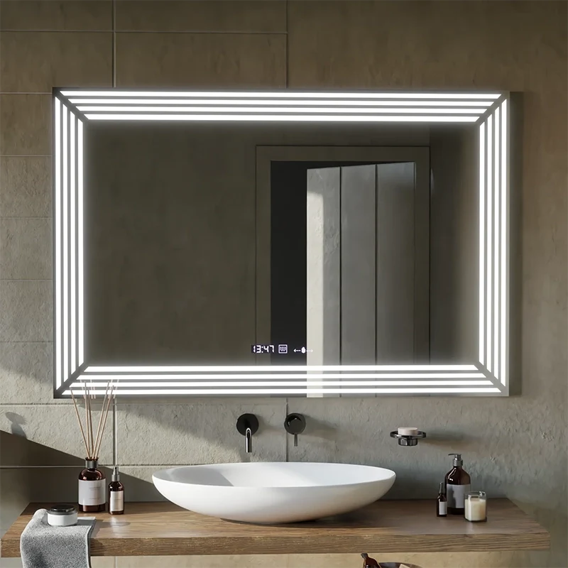 Oglinda LED Rectangulara, 120x80cm, Venezia Senzor MotionGlow Marcello, Sistem Dezaburire, Ceas & Termometru, Dimabila