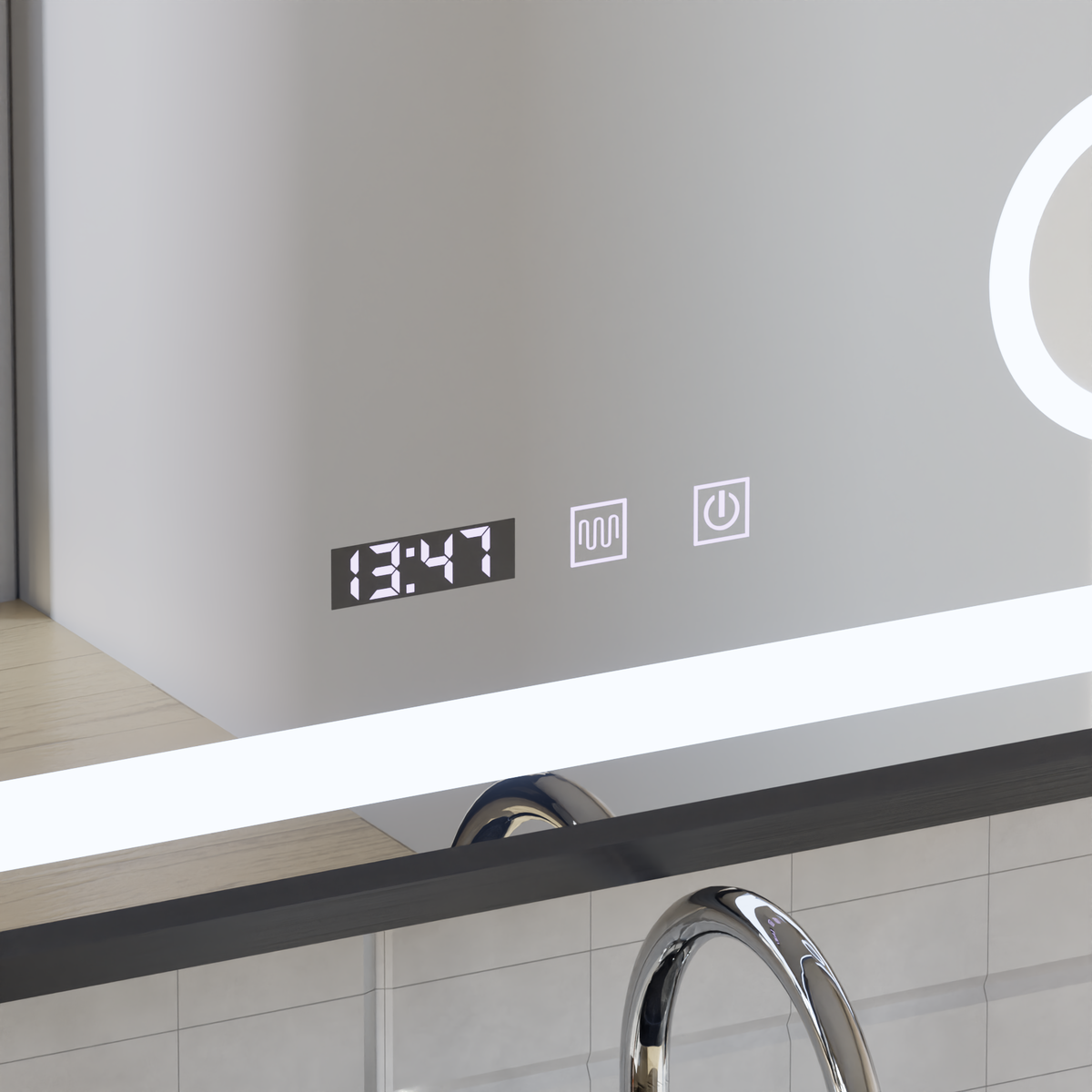 Oglinda LED Touch Bernd Sistem Dezaburire, Ceas si Temperatura 80x60 cm Rama Negru Brushed Lupa Cosmetica