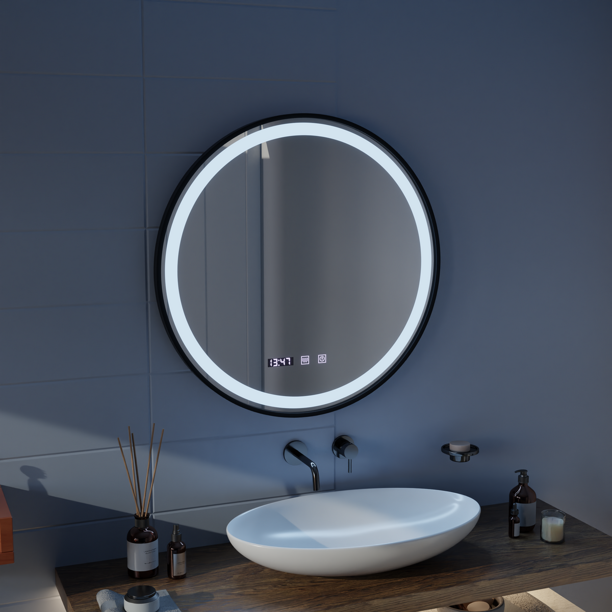 Oglinda LED Touch NOVARA Sistem Dezaburire, Ceas si Temperatura 60 cm Rama Negru Brushed