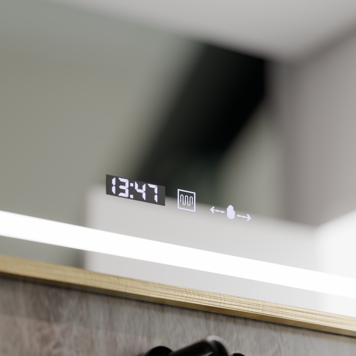 Oglinda LED Rectangulara, 110x65cm, Eclat MotionGlow Marcello, Sistem Dezaburire, Ceas & Termometru, Lupa Cosmetica, Dimabila, Rama Auriu Brushed