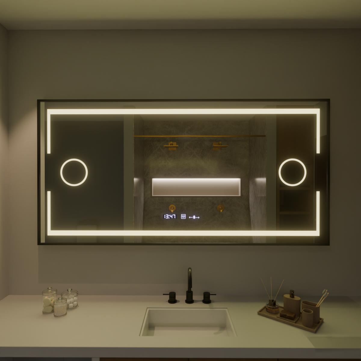 Oglinda LED Rectangulara, 160x80cm, Senzor MotionGlow Marcello, Sistem Dezaburire, Ceas & Termometru, Lupa Cosmetica, Dimabila