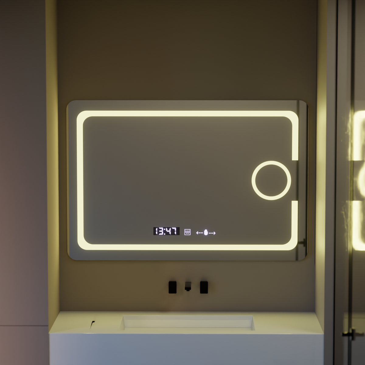 Oglinda LED Rectangulara, 120x80cm, Eclat MotionGlow Marcello, Sistem Dezaburire, Ceas & Termometru, Lupa Cosmetica, Dimabila