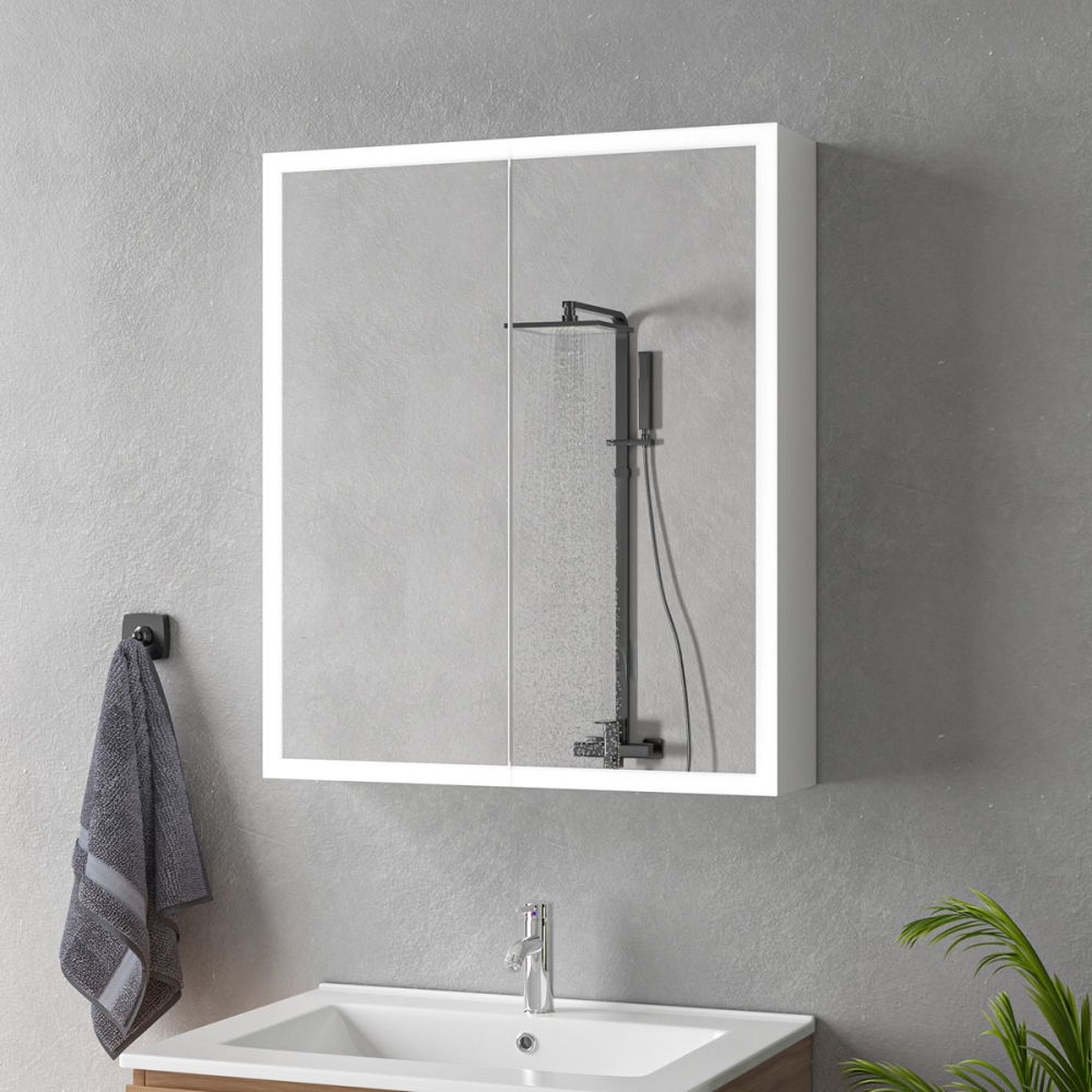 Oglinda LED cu Dulap MODA 60x70 cm Alb  Iluminare Perimetrala si Senzor Radar, imaginea 4