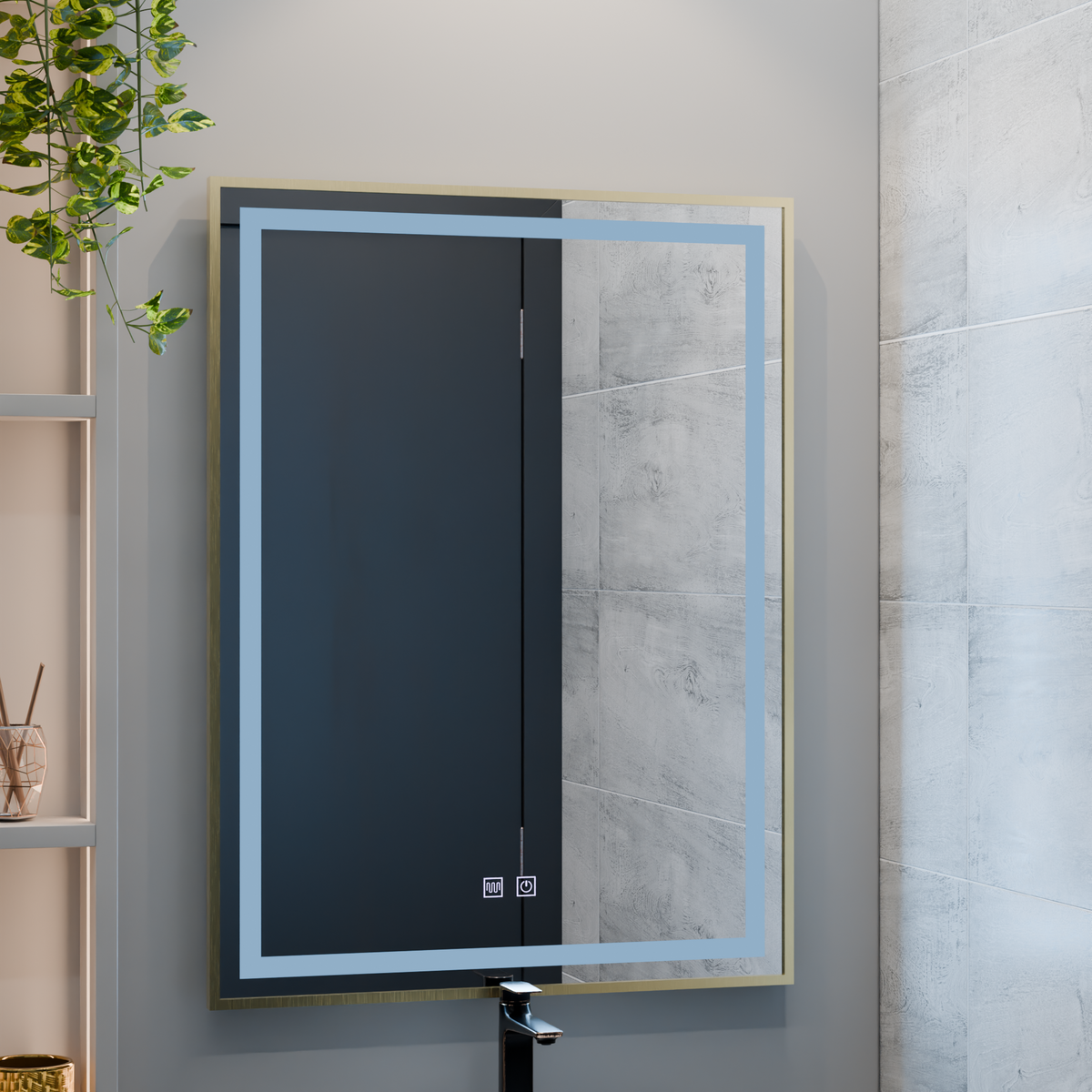 Oglinda LED RAYNA Touch, 60x80 cm, functie Dezaburire, Rama Auriu Brushed