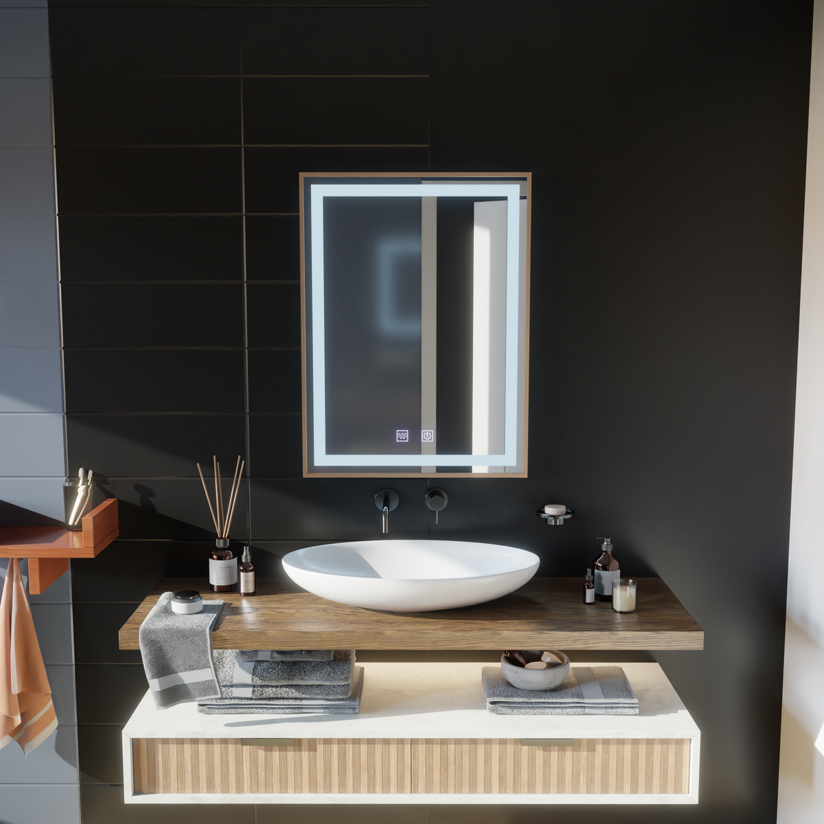 Oglinda LED Touch Kariri, 60x80 cm, functie Dezaburire, Rama Gold Rose Brushed