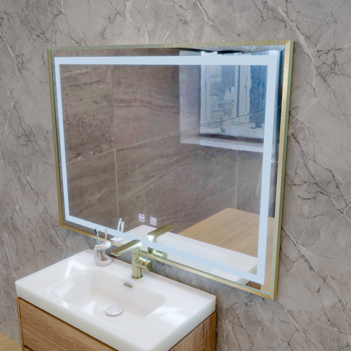 Oglinda LED RAYNA Touch, 80x60 cm, functie Dezaburire, Rama Auriu Brushed