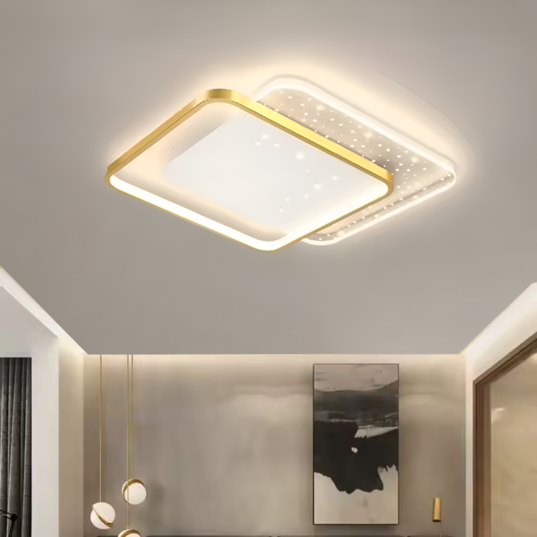 Lustra LED cu telecomanda GILDRA 48W, 2 Patrate, lumina Rece/Calda/Neutra, Dimabila, Auriu