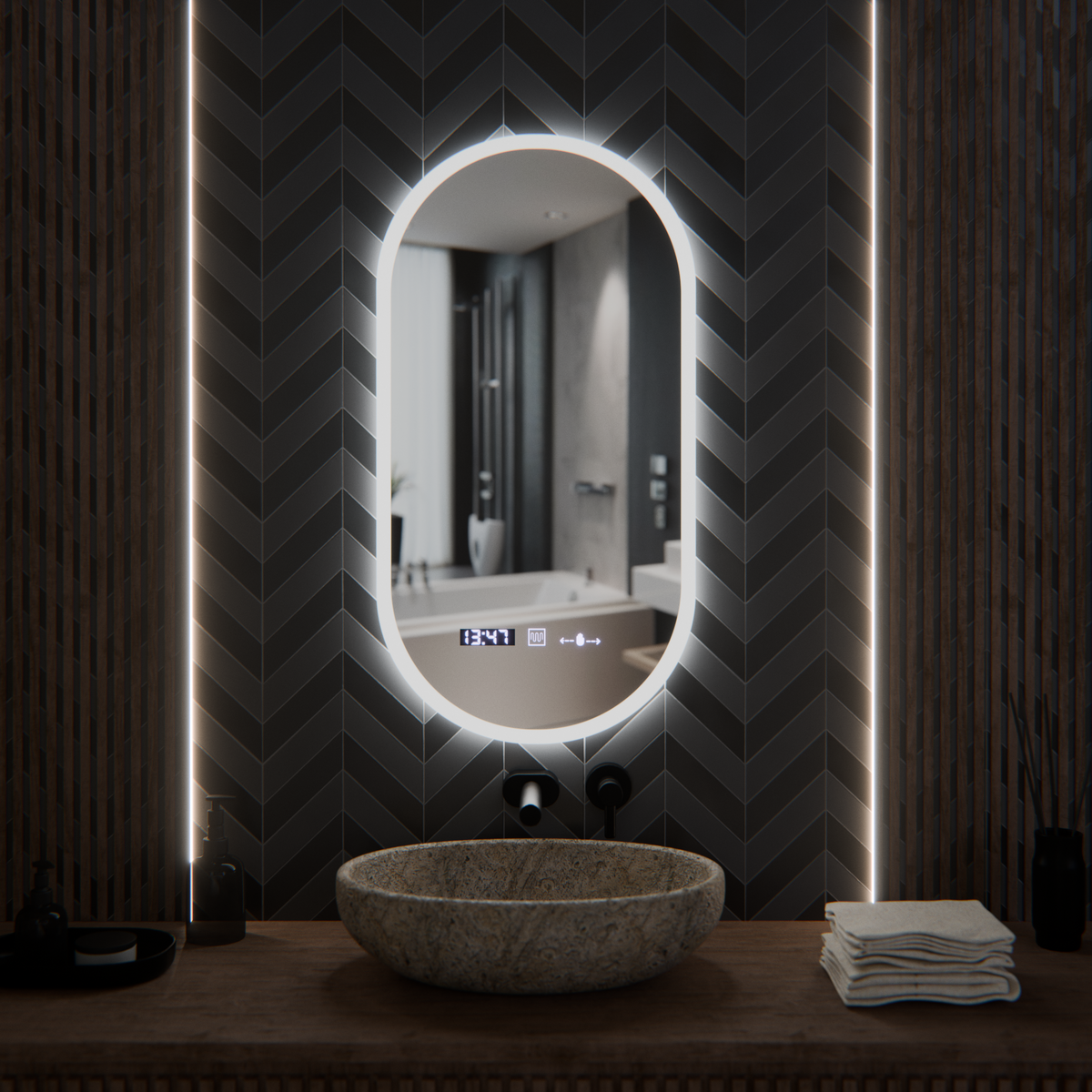 Oglinda LED Ovala, 50x100cm, Lucia Senzor Marcello, Sistem Dezaburire, Ceas & Termometru, Dimabila