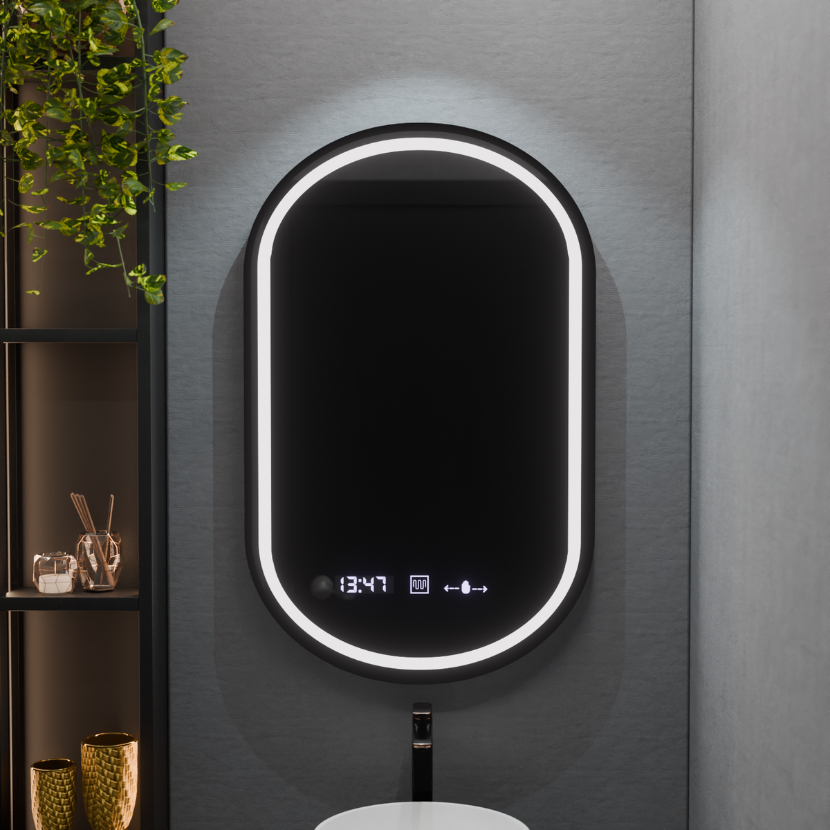 Oglinda LED Ovala, 50x90cm, Alessia MotionGlow Marcello, Sistem Dezaburire, Ceas & Termometru, Dimabila