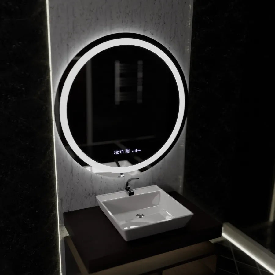 Oglinda LED Rotunda, 100cm, Celeste MotionGlow Marcello, Sistem Dezaburire, Ceas & Termometru, Dimabila