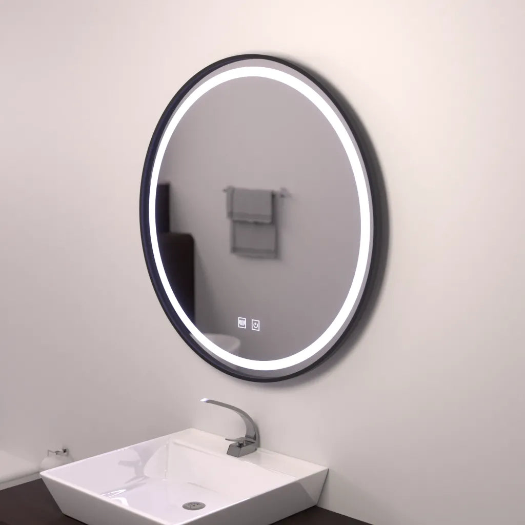 Oglinda LED Rotunda 60cm, Lucea Touch, Rama Neagra, Sistem Dezaburire, Dimabila