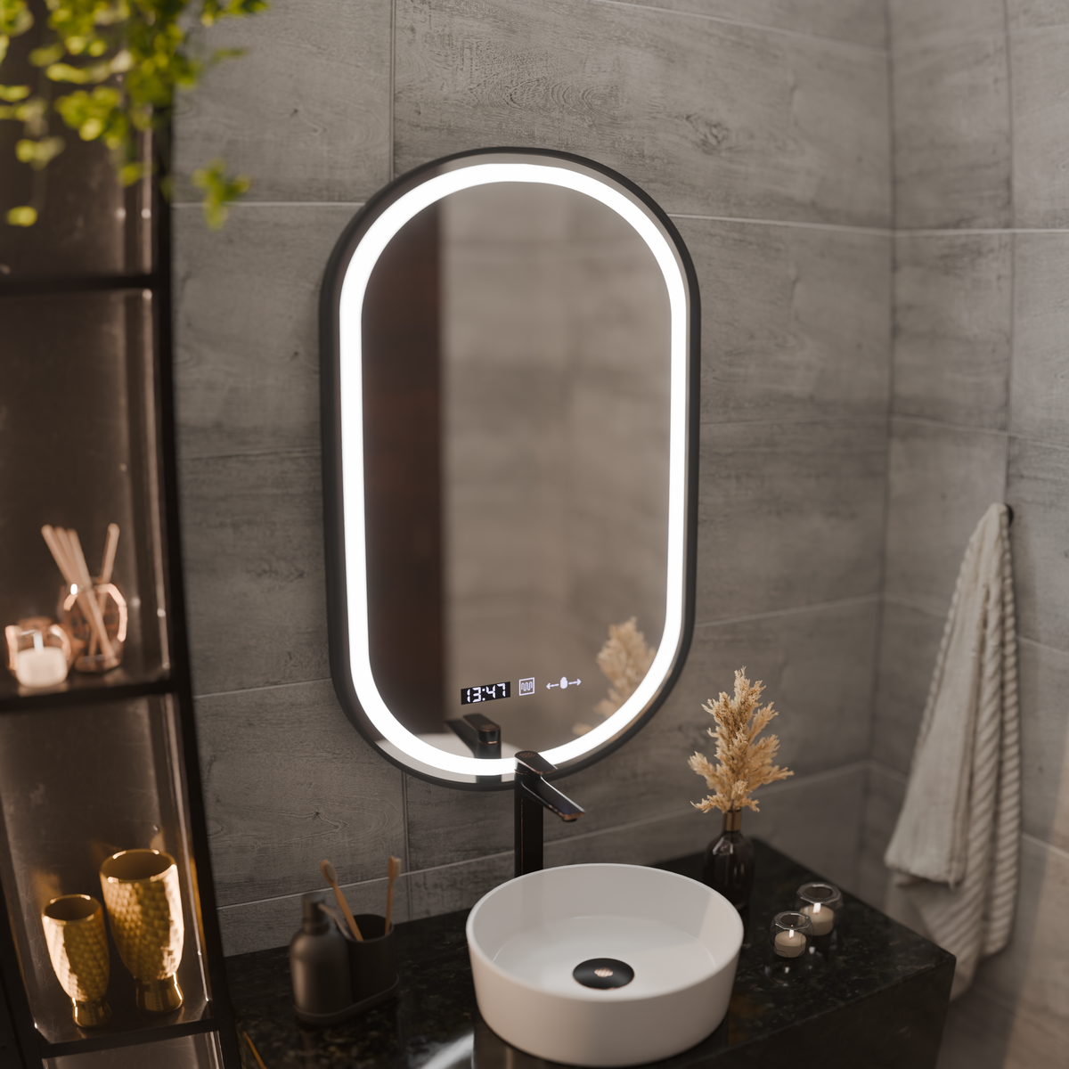Helmut Touch LED Mirror, Defog System, Clock and Temperature 45x90 cm, Black Frame, Brushed, AT1CT-IM1P-OG1D-S15/45X90,