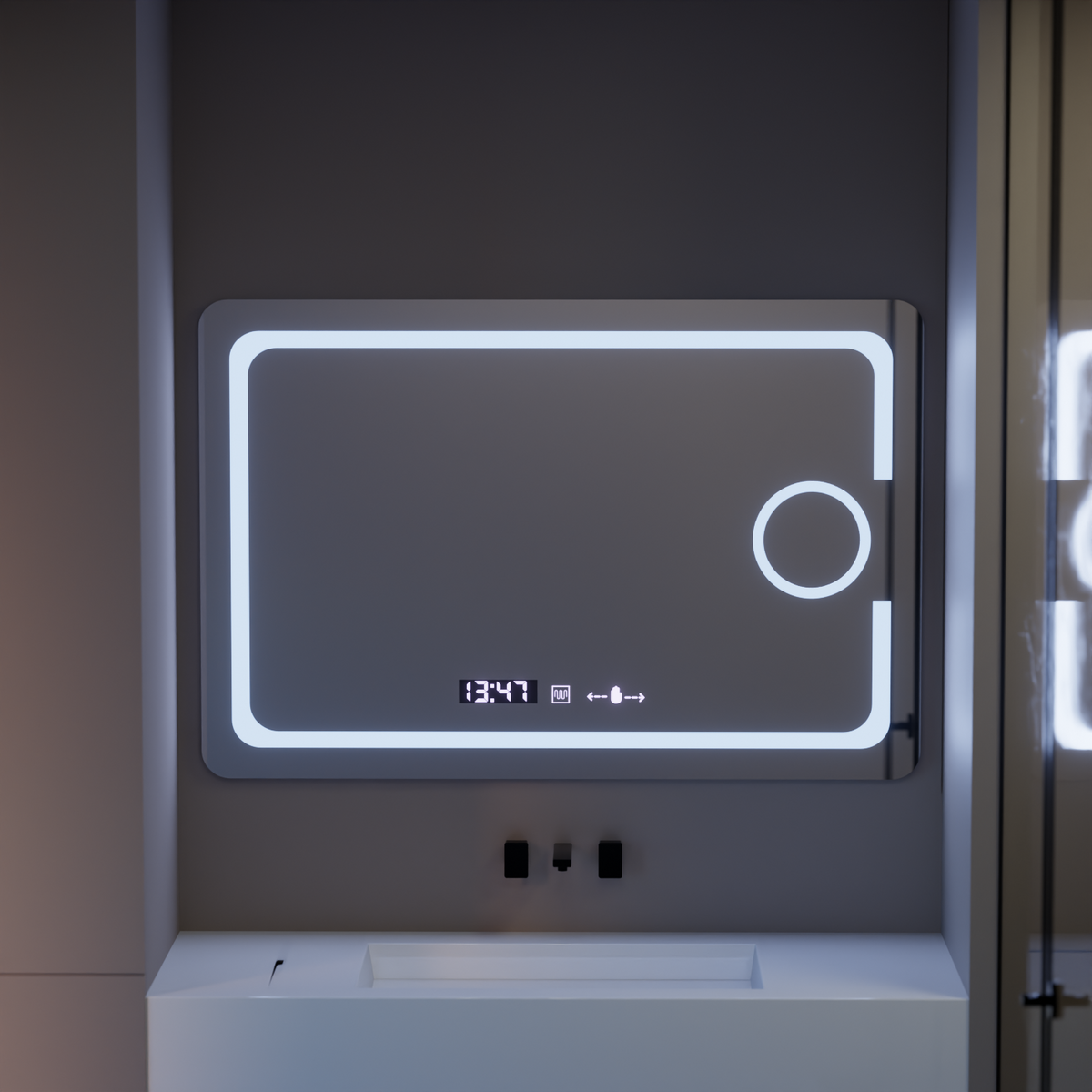 Oglinda LED Rectangulara, 110x75cm, Eclat MotionGlow Marcello, Sistem Dezaburire, Ceas & Termometru, Lupa Cosmetica, Dimabila