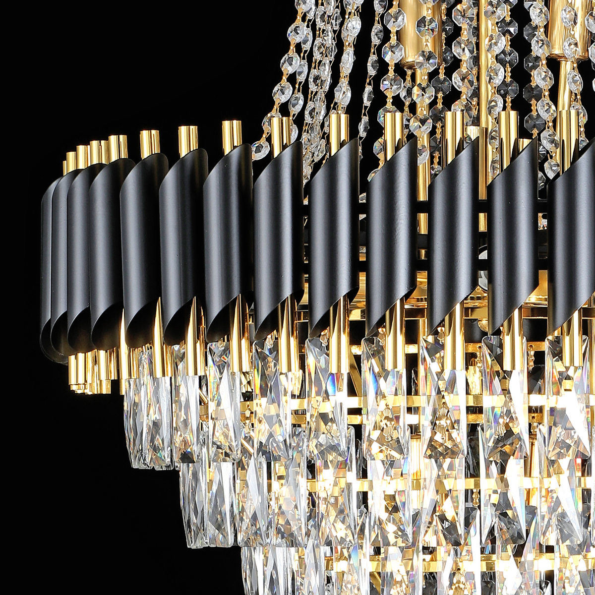 Candelabru Cristal CC900/800X1200, 23xE14, Diametru 80cm, Inaltime 120cm, Auriu Lucios si Negru, Inaltime Reglabila, Design Elegant