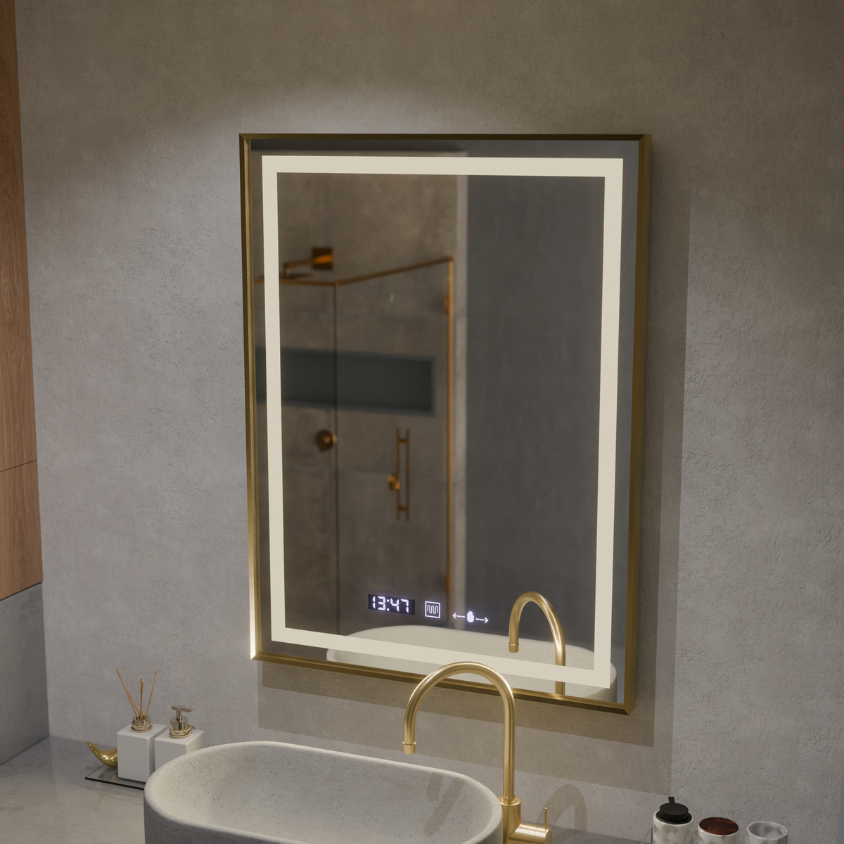 Oglinda LED Rectangulara, 60x80cm, Verite Royale Gold MotionGlow Marcello, Sistem Dezaburire, Ceas & Termometru, Dimabila, imaginea 3
