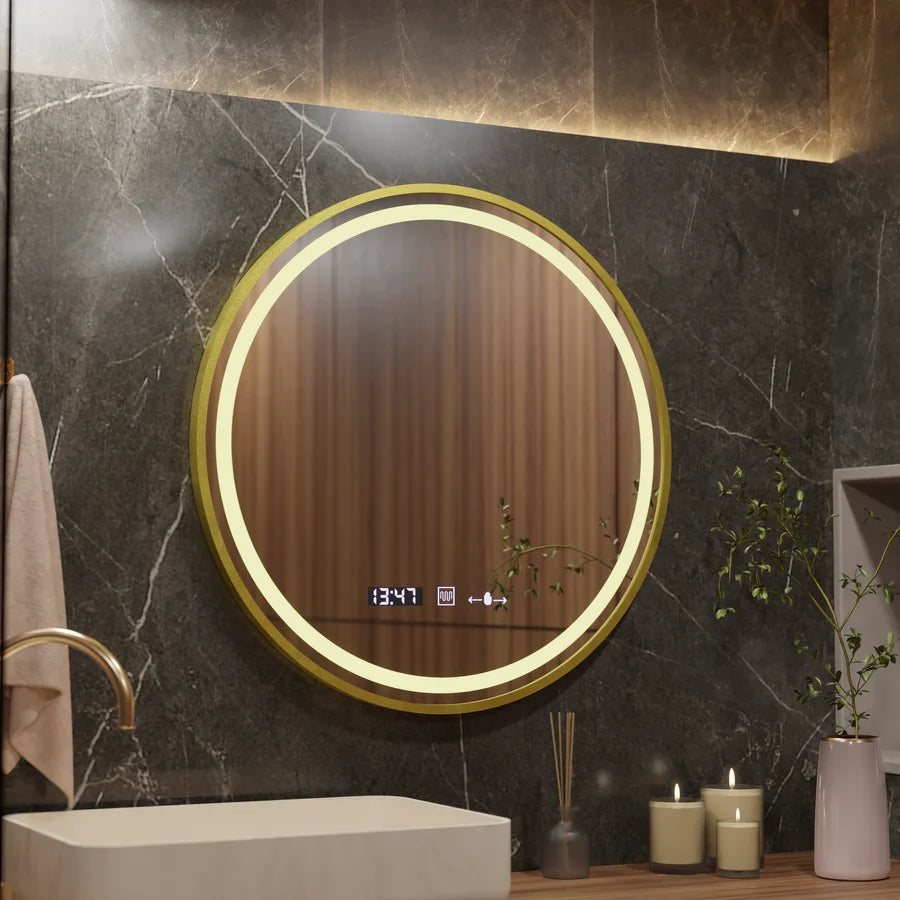 Oglinda LED Rotunda, 60cm, Celeste Royale Gold Eleve MotionGlow Marcello, Sistem Dezaburire, Ceas & Termometru, Dimabila, Curea Detasabila, imaginea 7