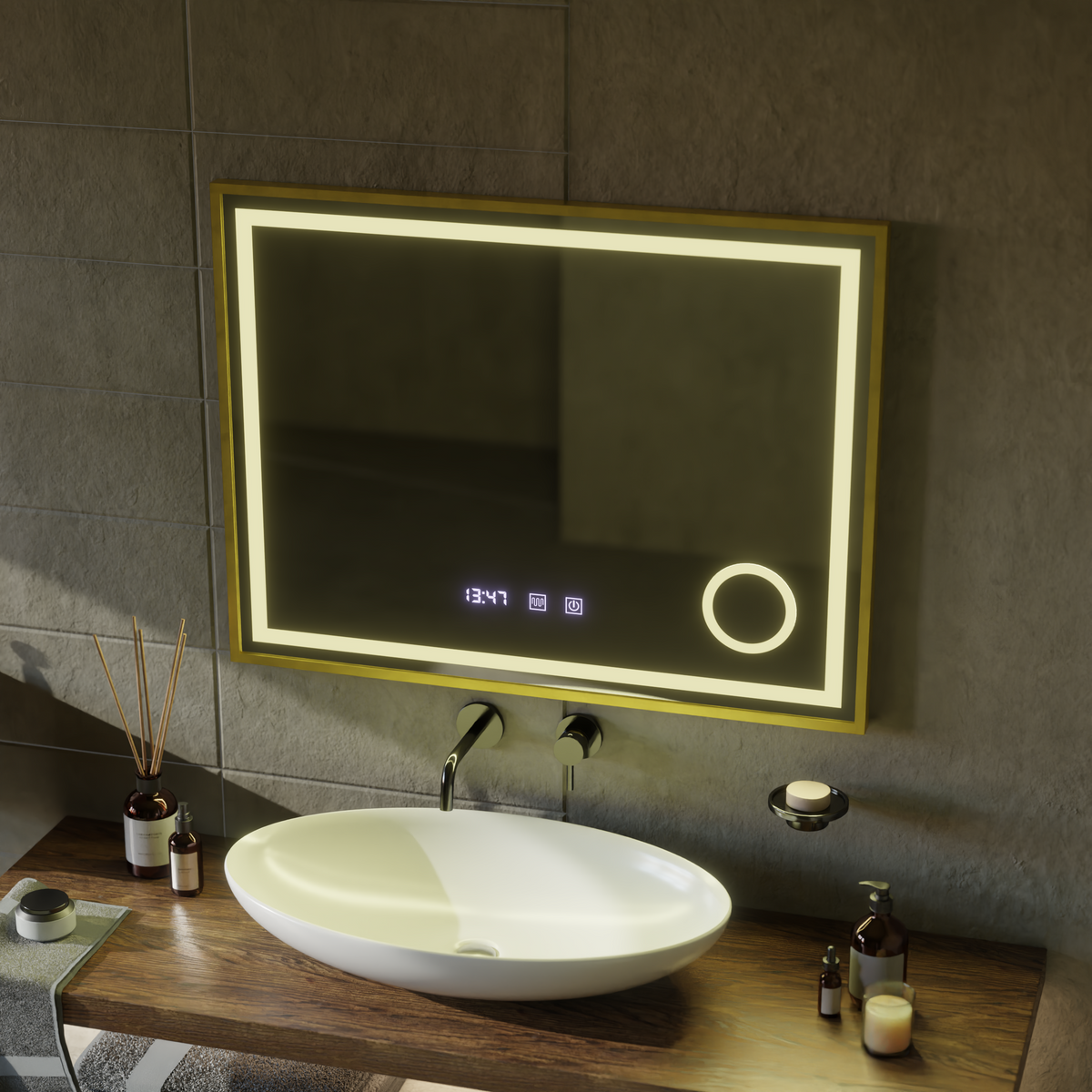 Oglinda LED Touch CLARUS Sistem Dezaburire, Ceas si Temperatura 80x60 cm Rama Auriu Brushed Lupa Cosmetica