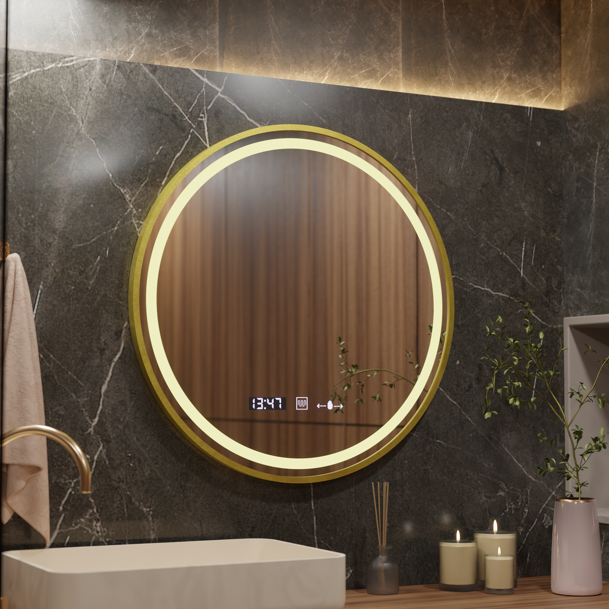 Oglinda LED Senzor MotionGlow Faratya Sistem Dezaburire Termometru si Ceas Rama Auriu Periat Rotunda Diametru 100 cm Lumina Rece/Calda/Neutra Dimabila Colectia Marcello Funghi