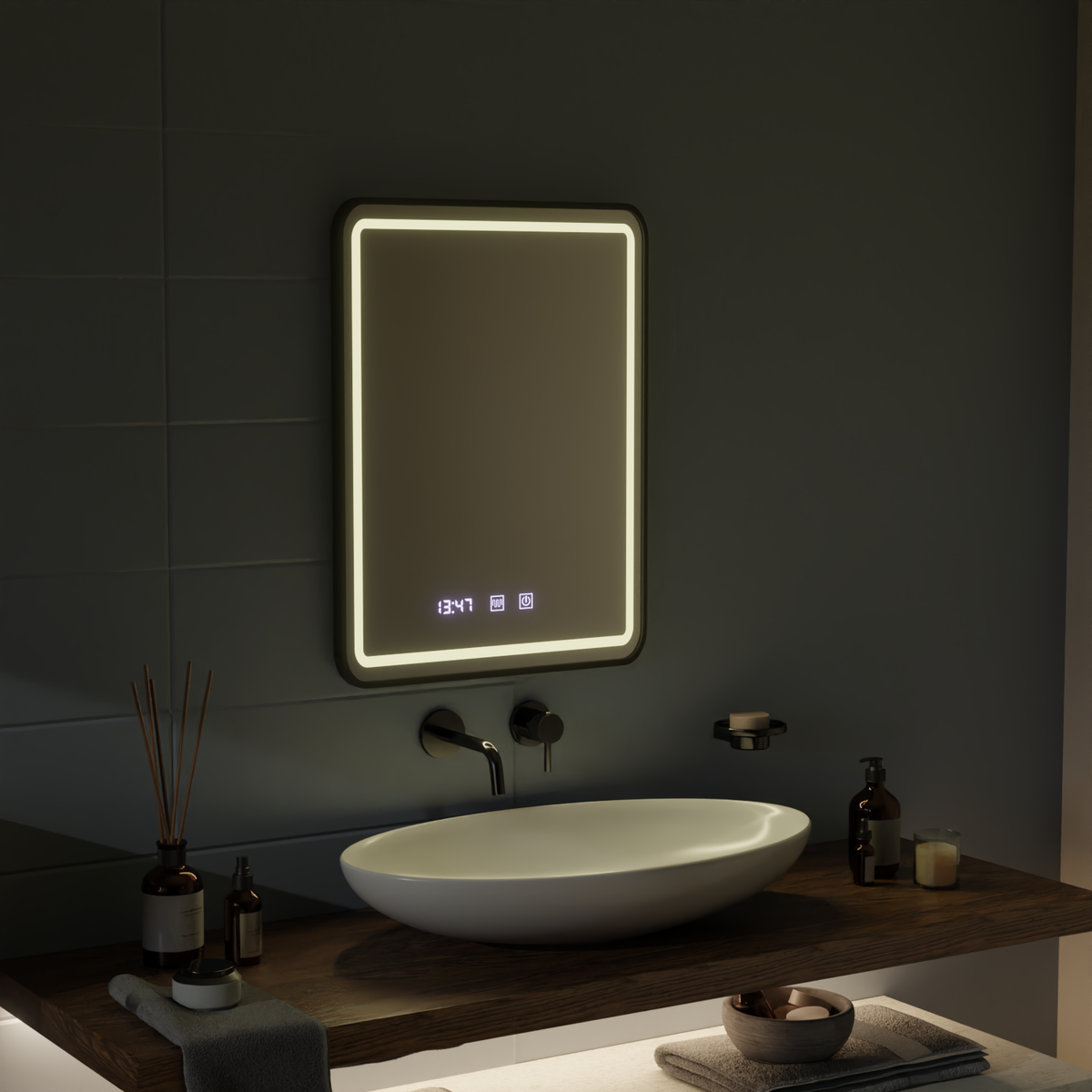 Oglinda LED Touch LUCIDA Sistem Dezaburire, Ceas si Temperatura 60x80 cm Rama Negru Brushed