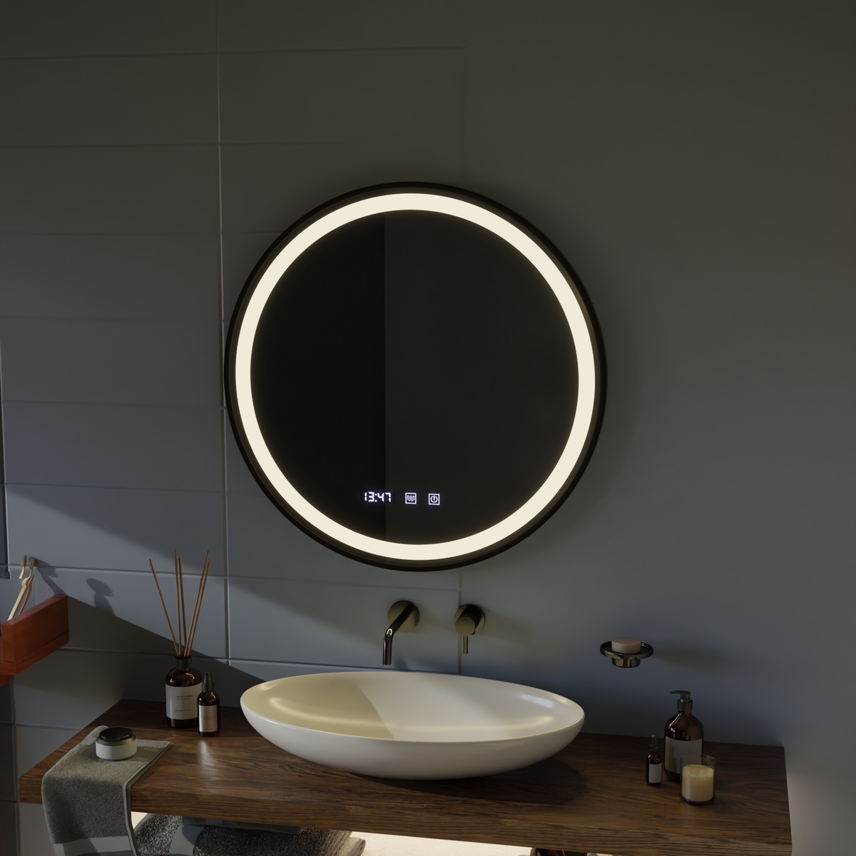 Oglinda LED Touch NOVARA Sistem Dezaburire, Ceas si Temperatura 50 cm Rama Negru Brushed, imaginea 5