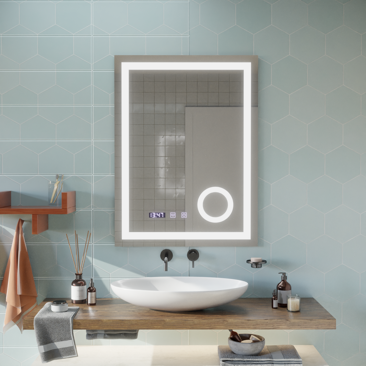 Oglinda LED Touch NIVERA Sistem Dezaburire, Ceas si Temperatura 60x80 cm Lupa Cosmetica, imaginea 1
