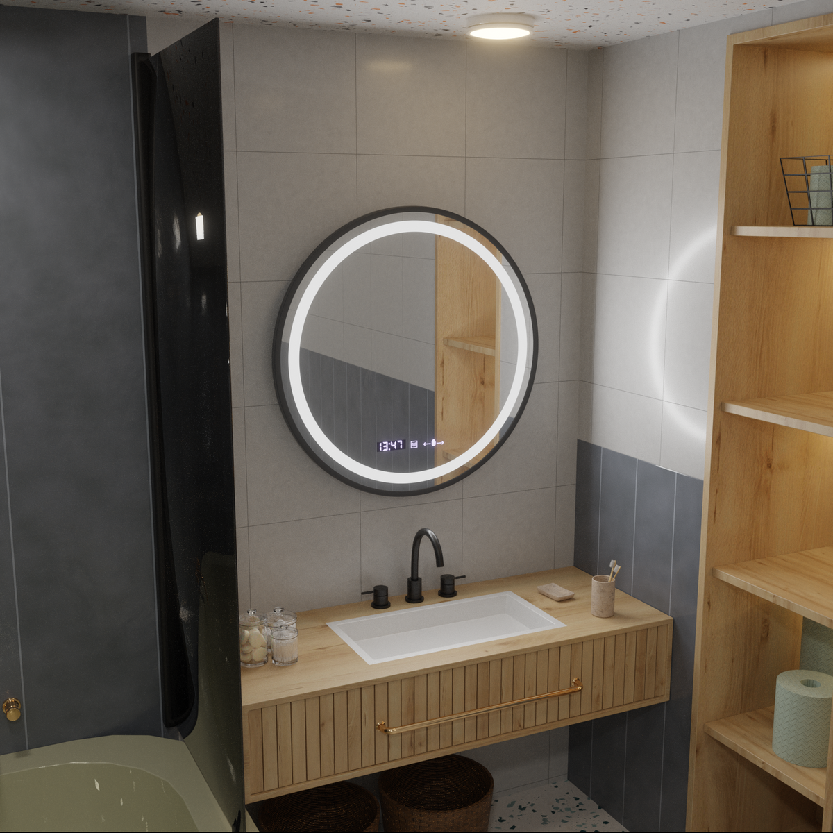 Oglinda LED Rotunda, 70cm, Celeste Majeste Noir MotionGlow Marcello, Sistem Dezaburire, Ceas & Termometru, Dimabila W11/70X70