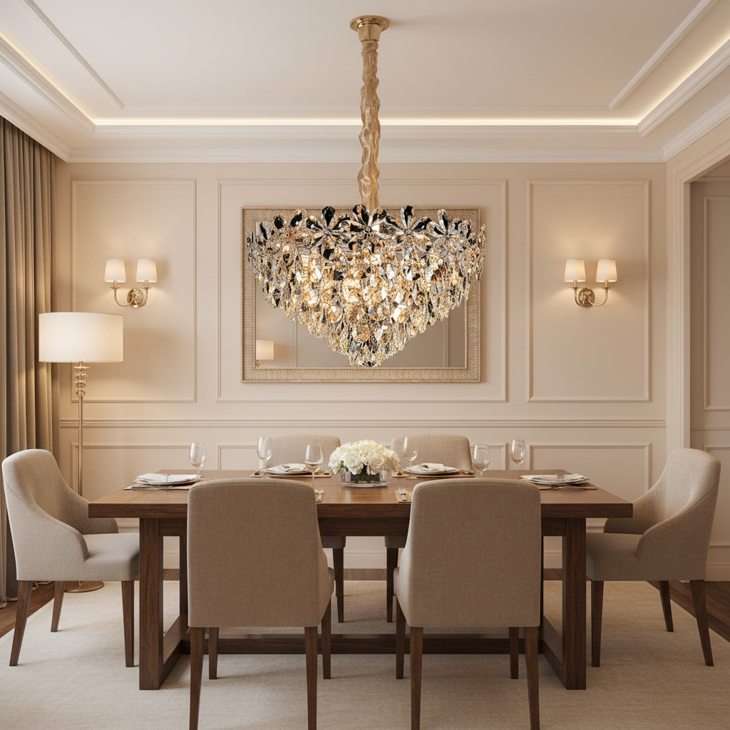 Candelabru Cristal Magno 11xE14, Diametru 60cm, Auriu Lucios, Inaltime Reglabila, Metal si Cristal