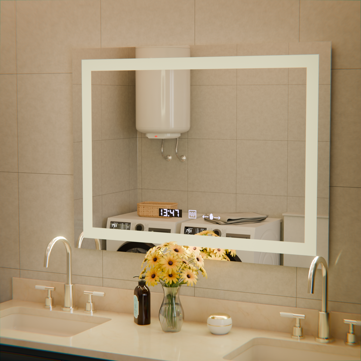 Oglinda LED Rectangulara, 80x60cm, Verite MotionGlow Marcello, Sistem Dezaburire, Ceas & Termometru, Dimabila