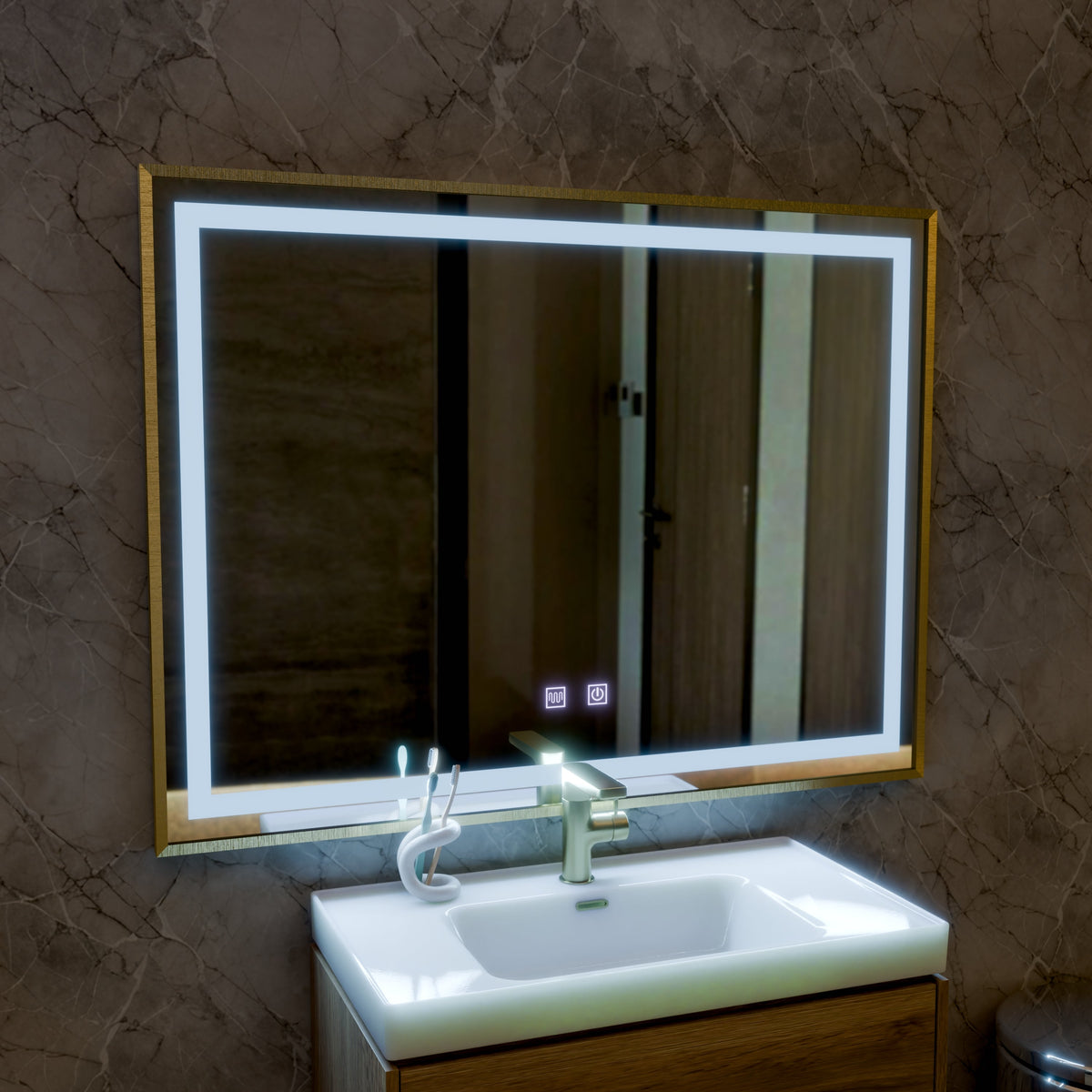 Oglinda LED RAYNA Touch, 80x60 cm, functie Dezaburire, Rama Auriu Brushed
