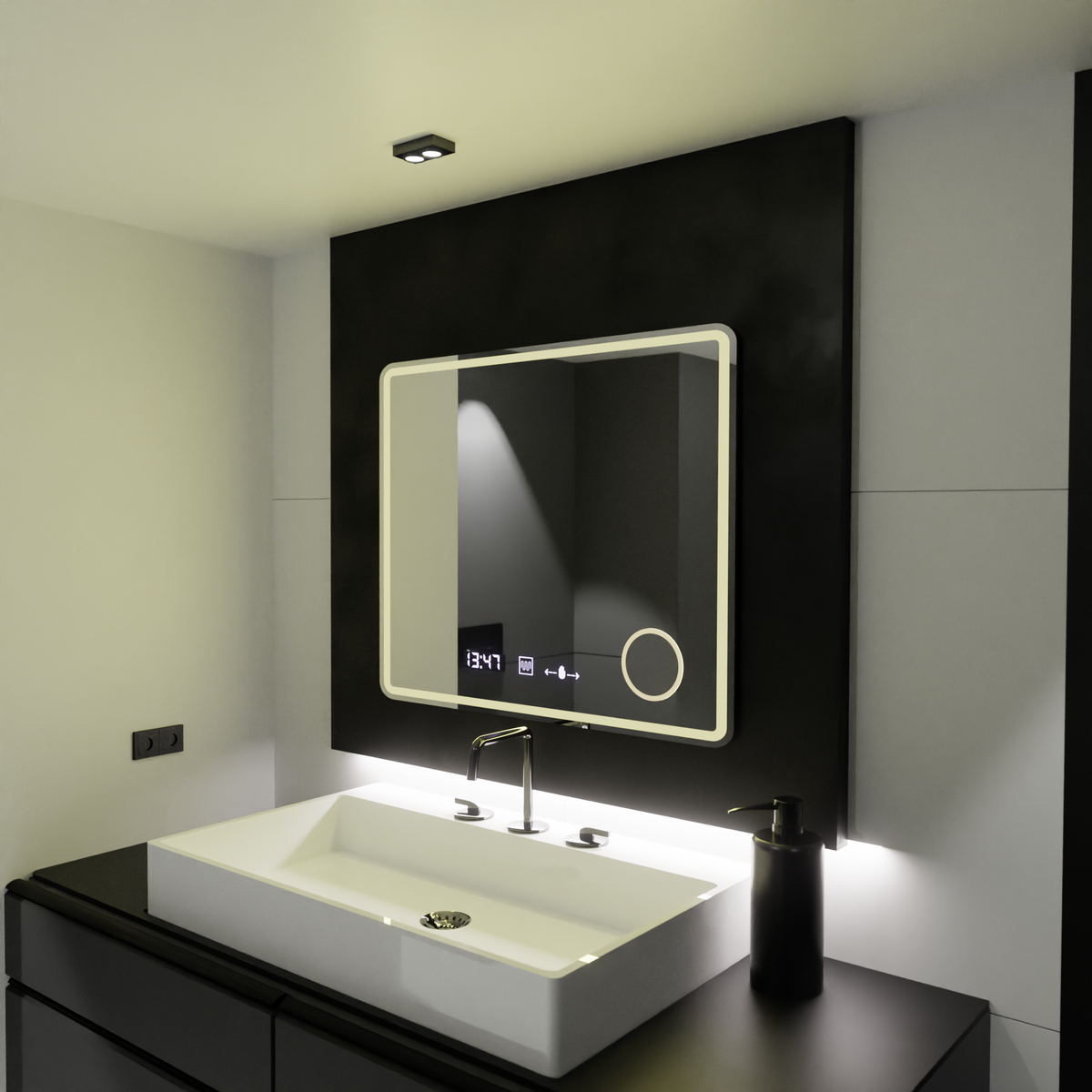 Oglinda LED Rectangulara, 90x75cm, Riflesso MotionGlow Marcello, Sistem Dezaburire, Ceas & Termometru, Lupa Cosmetica, Dimabila