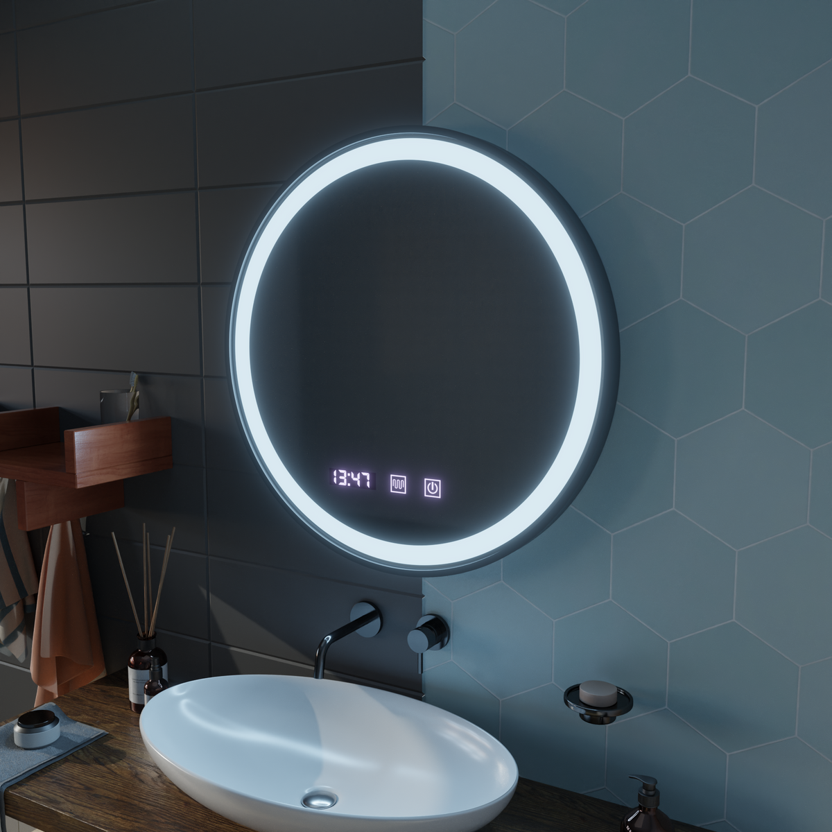 Oglinda LED Touch NOVARA Sistem Dezaburire, Ceas si Temperatura 80 cm Rama Negru Brushed